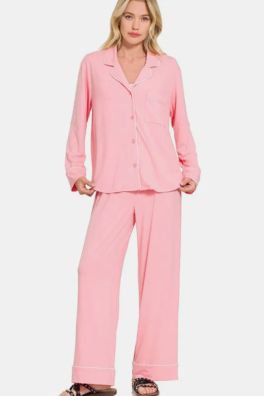Zenana Button Down Long Sleeve Top and Pants Lounge Set - Premium Sleepwear from Trendsi - Just $46.99! Shop now at Handbags Specialist Headquarter