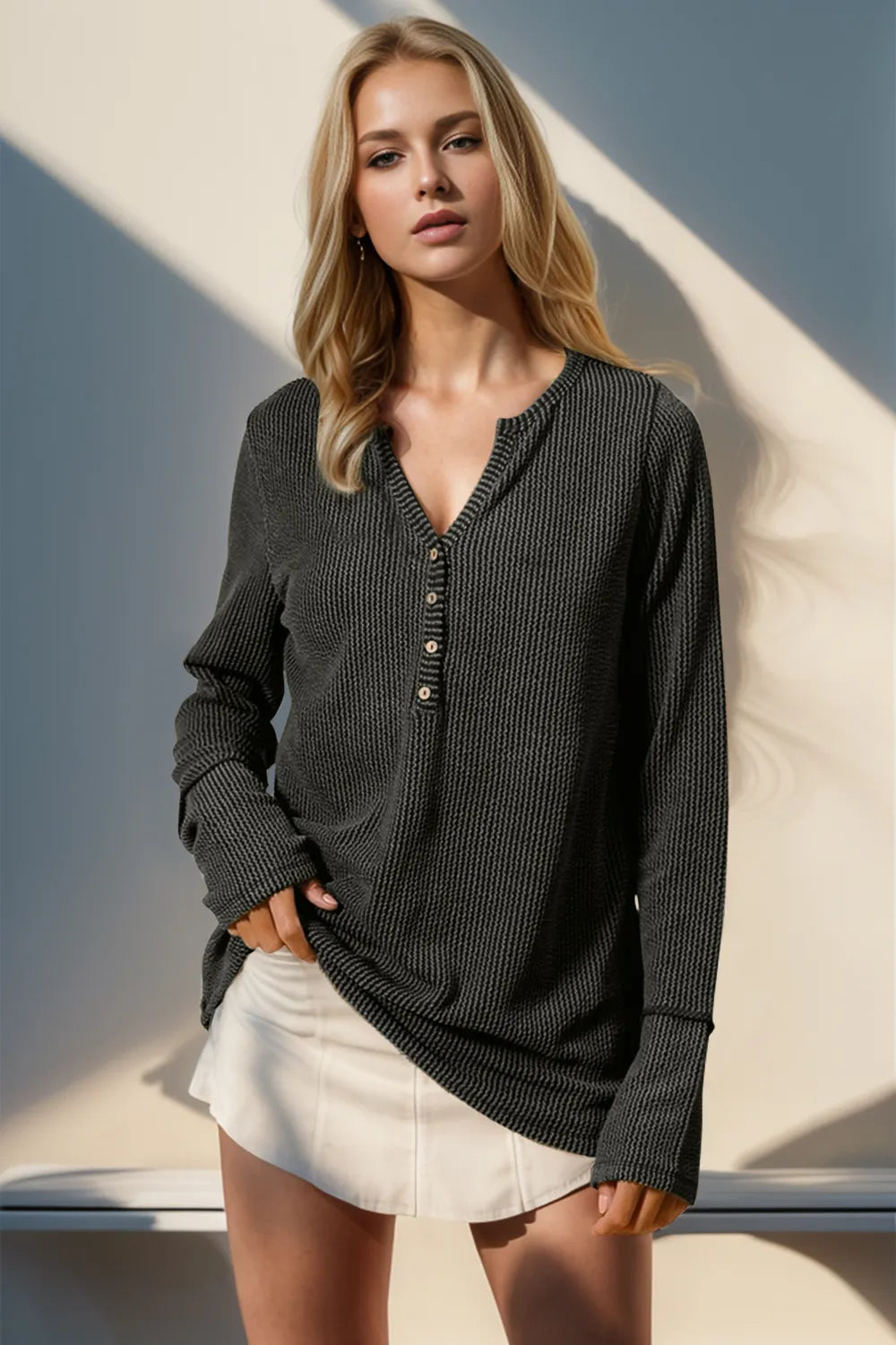 Double Take Full Size Notched Thumbhole Long Sleeve T-Shirt - Premium Tops from Trendsi - Just $25.88! Shop now at Handbags Specialist Headquarter