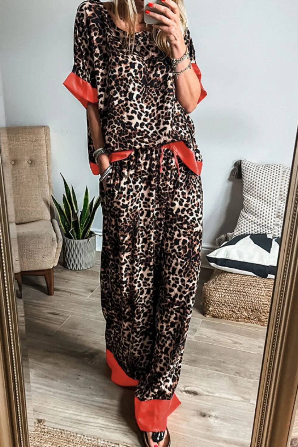 Contrast Trim Leopard Round Neck Top and Pants Lounge Set - Premium Sleepwear from Trendsi - Just $53.99! Shop now at Handbags Specialist Headquarter
