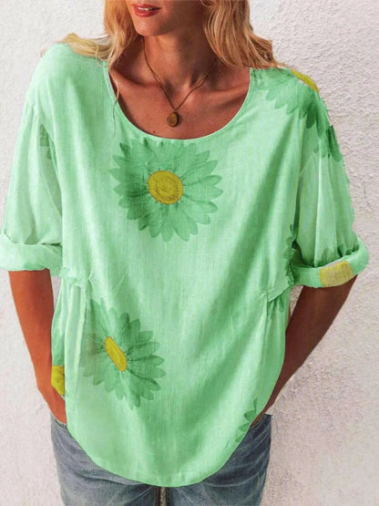 Full Size Flower Round Neck Half Sleeve T-Shirt Plus Size.