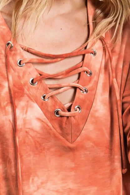 BiBi Lace-Up Tie-Dye French Terry Long Sleeve Top - Premium Women / Jeans & Denim from Trendsi - Just $41.22! Shop now at Handbags Specialist Headquarter