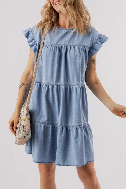 Ruffle Cap Sleeve Tiered A-line Denim Dress - Premium Women / Jeans & Denim from Trendsi - Just $49.18! Shop now at Handbags Specialist Headquarter