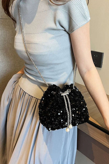 Sequin Chain Drawstring Bucket Bag - Premium Crossbody Bag from Trendsi - Just $21.99! Shop now at Handbags Specialist Headquarter