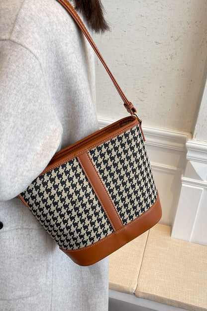 Houndstooth PU Leather Shoulder Bag - Premium Tote Bag from Trendsi - Just $39.99! Shop now at Handbags Specialist Headquarter
