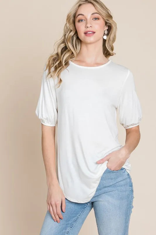 BOMBOM Round Neck Puff Sleeve T-Shirt - Premium Tops from Trendsi - Just $15.62! Shop now at Handbags Specialist Headquarter