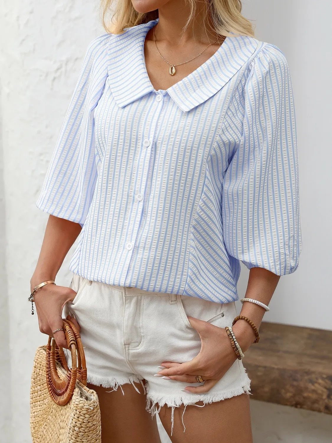 Striped Button Down 3/4 Sleeve Shirt - Premium Women's Down Shirt Tops from Trendsi - Just $27.74! Shop now at Handbags Specialist Headquarter