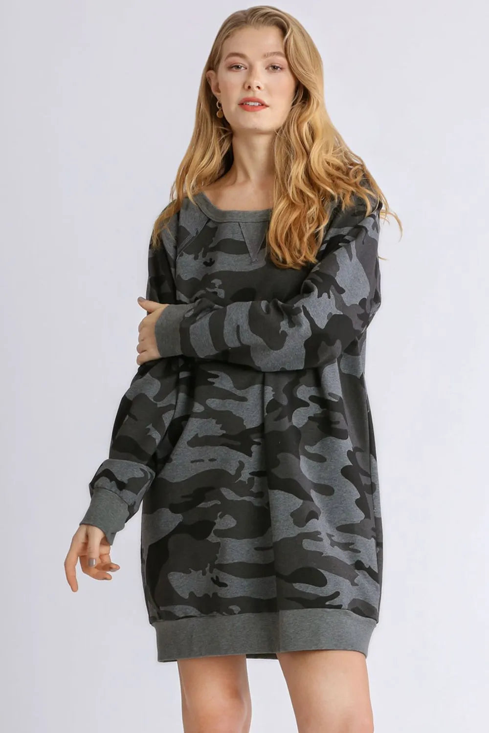 Umgee Full Size Camo Print Ribbed Hem French Terry Mini Dress Plus Size - Premium Dresses from Trendsi - Just $38.99! Shop now at Handbags Specialist Headquarter