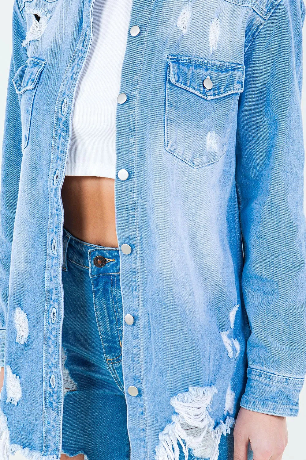 American Bazi Frayed Hem Distressed Denim Shirt Jacket - Premium Women / Jeans & Denim from Trendsi - Just $56.24! Shop now at Handbags Specialist Headquarter