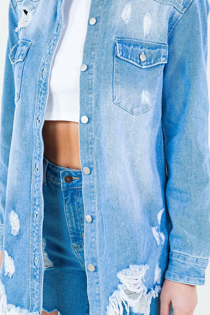 American Bazi Frayed Hem Distressed Denim Shirt Jacket - Premium Women / Jeans & Denim from Trendsi - Just $56.24! Shop now at Handbags Specialist Headquarter