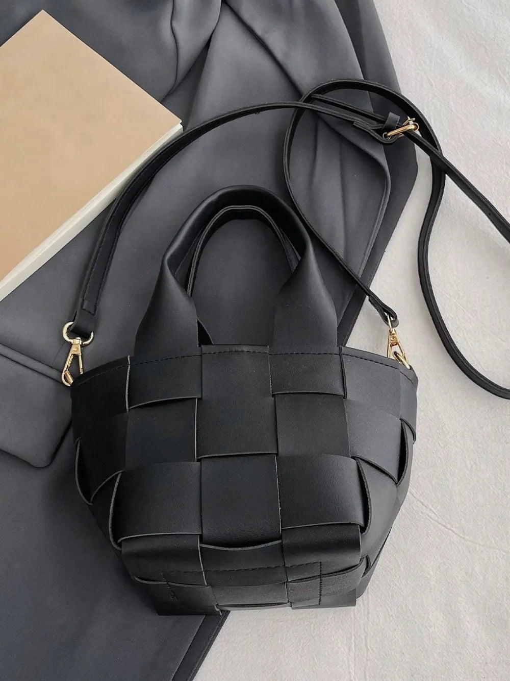 PU Leather Braided Bucket Bag - Premium Tote Bag from Trendsi - Just $33.99! Shop now at Handbags Specialist Headquarter