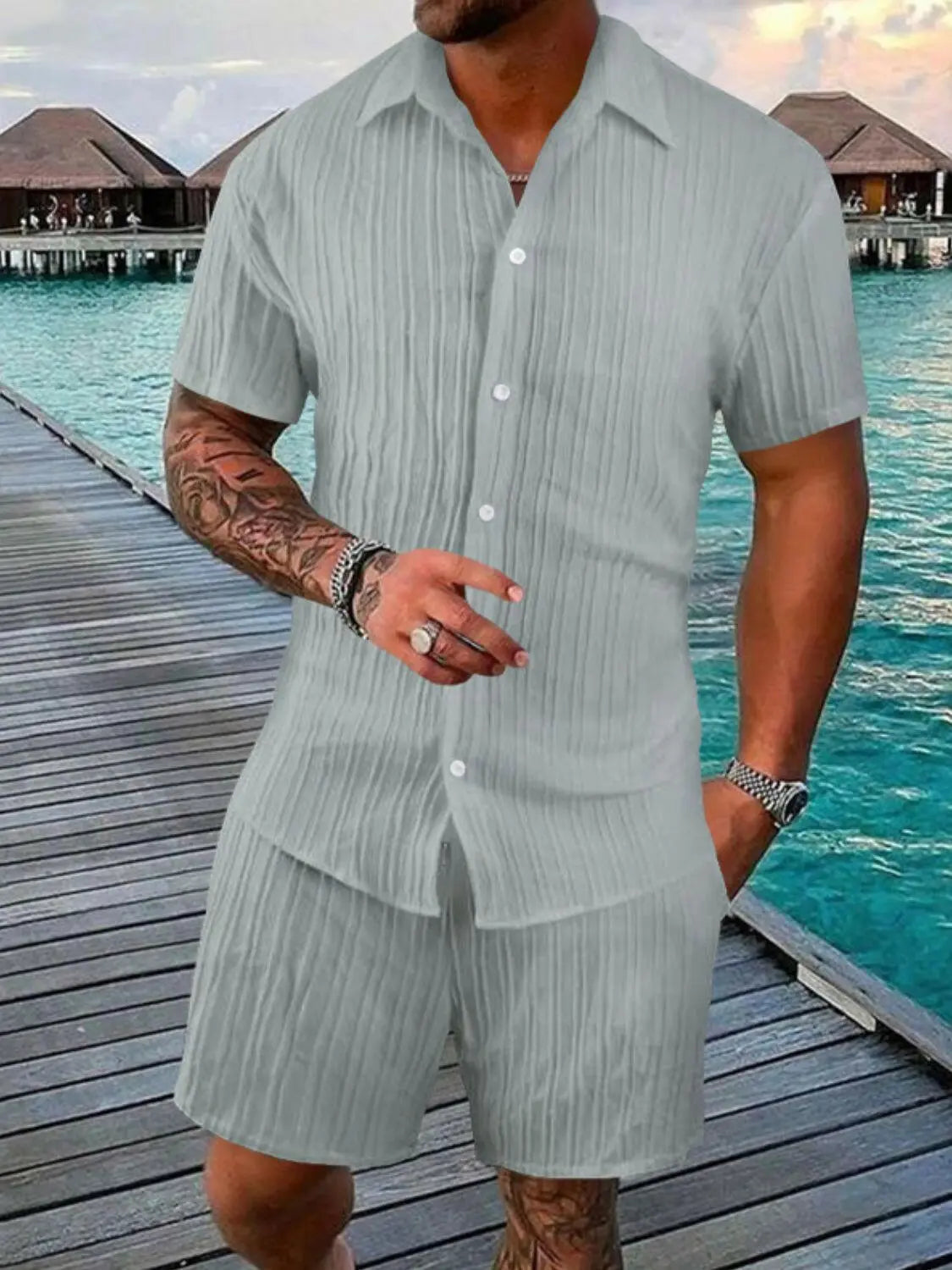 Men's Full Size Button Down Short Sleeve Shirt and Shorts Set Plus Size.
