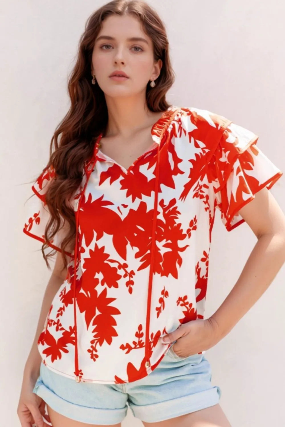 Plant Print Tiered Ruffled Sleeve Tie Neck Blouse - Premium Tops from Trendsi - Just $26.02! Shop now at Handbags Specialist Headquarter