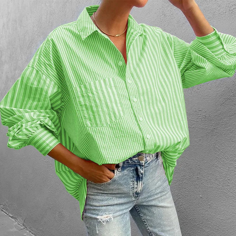 Striped Button Down Long Sleeve Shirt - Premium Women's Down Shirt Tops from Trendsi - Just $26.26! Shop now at Handbags Specialist Headquarter