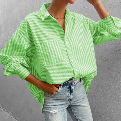 Striped Button Down Long Sleeve Shirt - Premium Women's Down Shirt Tops from Trendsi - Just $26.26! Shop now at Handbags Specialist Headquarter