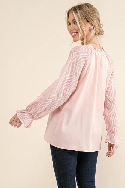 And The Why Leaves Shape Textured Sleeve Blouse - Premium Tops from Trendsi - Just $38.88! Shop now at Handbags Specialist Headquarter