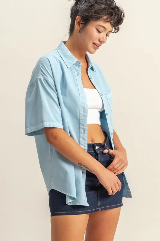 HYFVE Short Sleeve Button Down Oversized Shirt - Premium Women's Down Shirt Tops from Trendsi - Just $34.34! Shop now at Handbags Specialist Headquarter