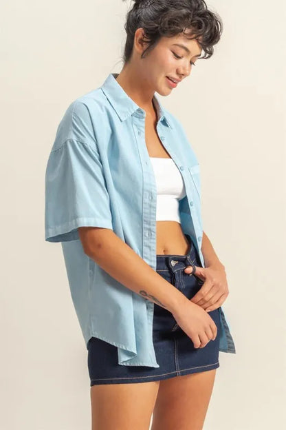 HYFVE Short Sleeve Button Down Oversized Shirt - Premium Women's Down Shirt Tops from Trendsi - Just $34.34! Shop now at Handbags Specialist Headquarter