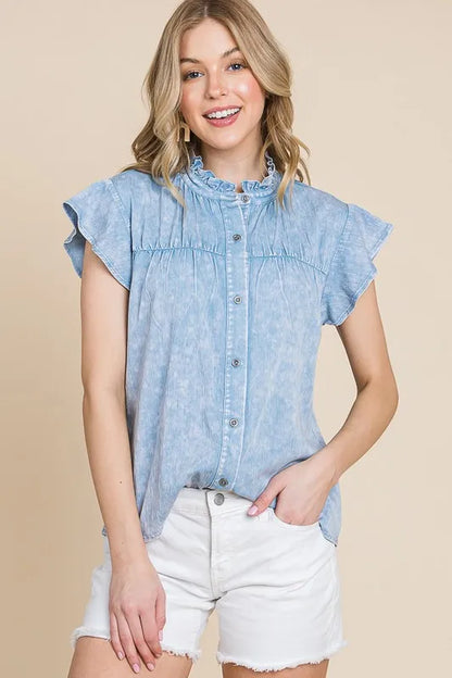 Lime 'N' Chili Mineral Wash Flutter Sleeve Button Down Shirt - Premium Women / Jeans & Denim from Trendsi - Just $40.98! Shop now at Handbags Specialist Headquarter