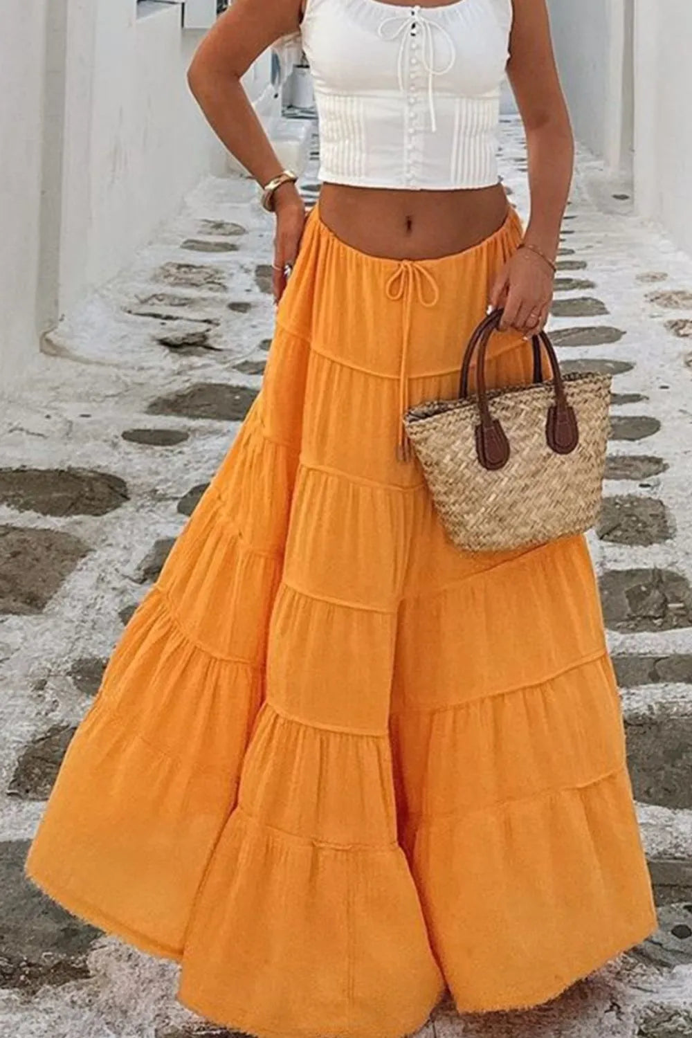 Bohemian Tiered Maxi Skirt with Drawstring Waist - Premium Skirts from Trendsi - Just $38.99! Shop now at Handbags Specialist Headquarter