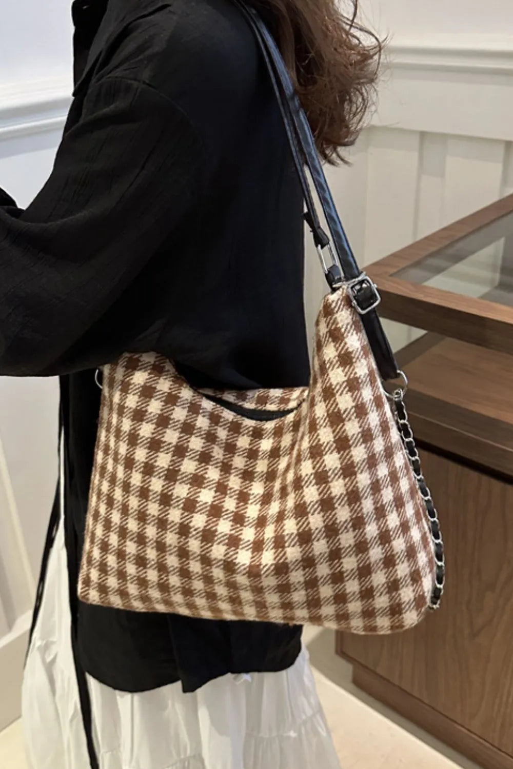 Plaid Adjustable Strap Handbag - Premium Tote Bag from Trendsi - Just $37.99! Shop now at Handbags Specialist Headquarter