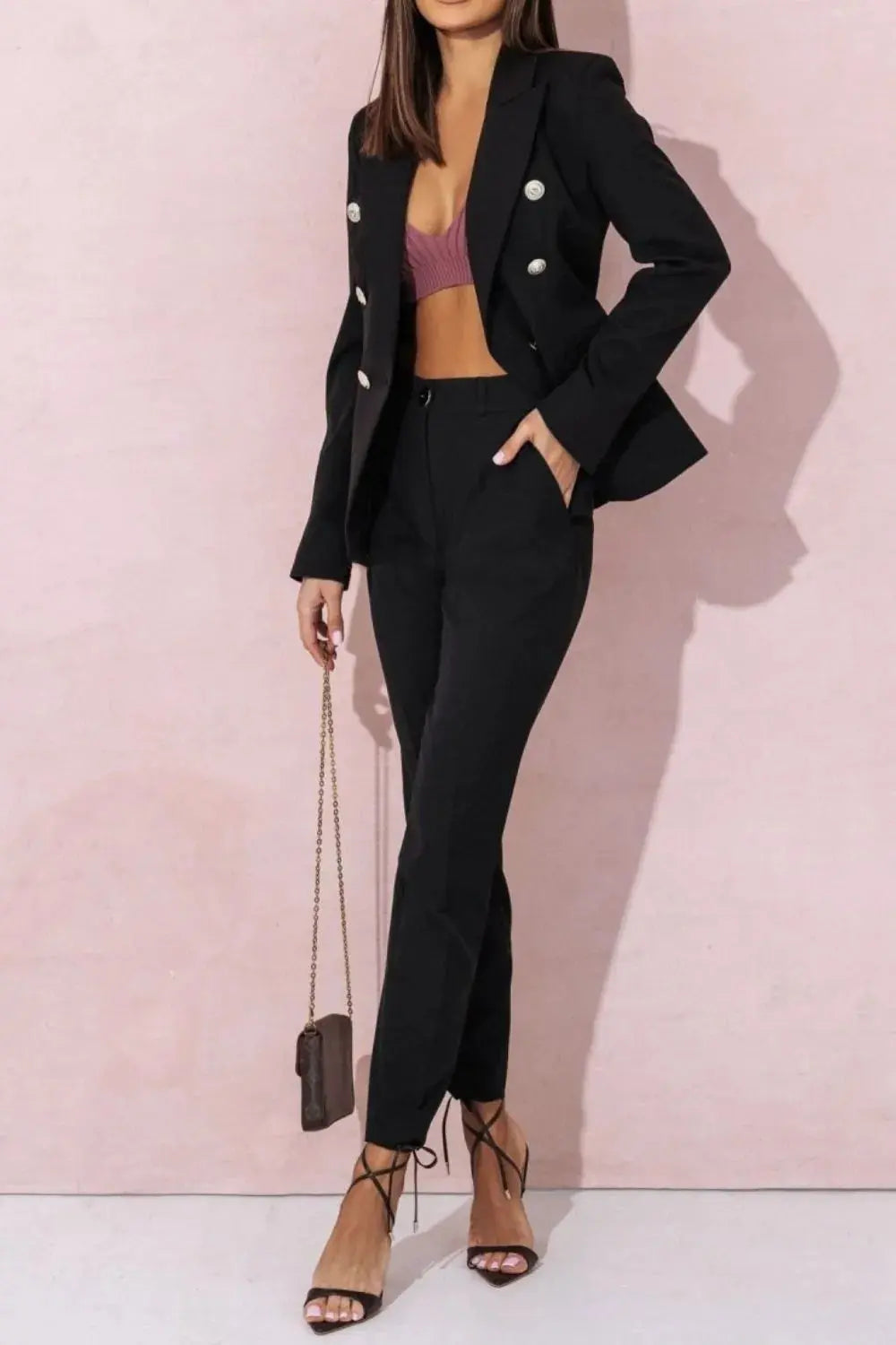 Full Size Lapel Collar Long Sleeve Blazer and Pants Set Plus Size.