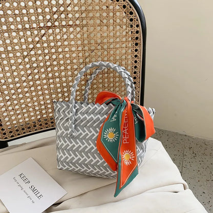 Contrast Woven Handbag with Ribbon - Premium Tote Bag from Trendsi - Just $39.99! Shop now at Handbags Specialist Headquarter