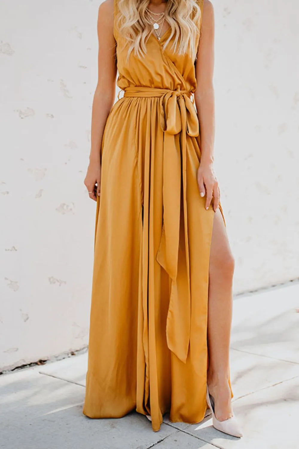 Surplice Tie Waist Maxi Dress - Premium Maxi Dress from Trendsi - Just $39.99! Shop now at Handbags Specialist Headquarter