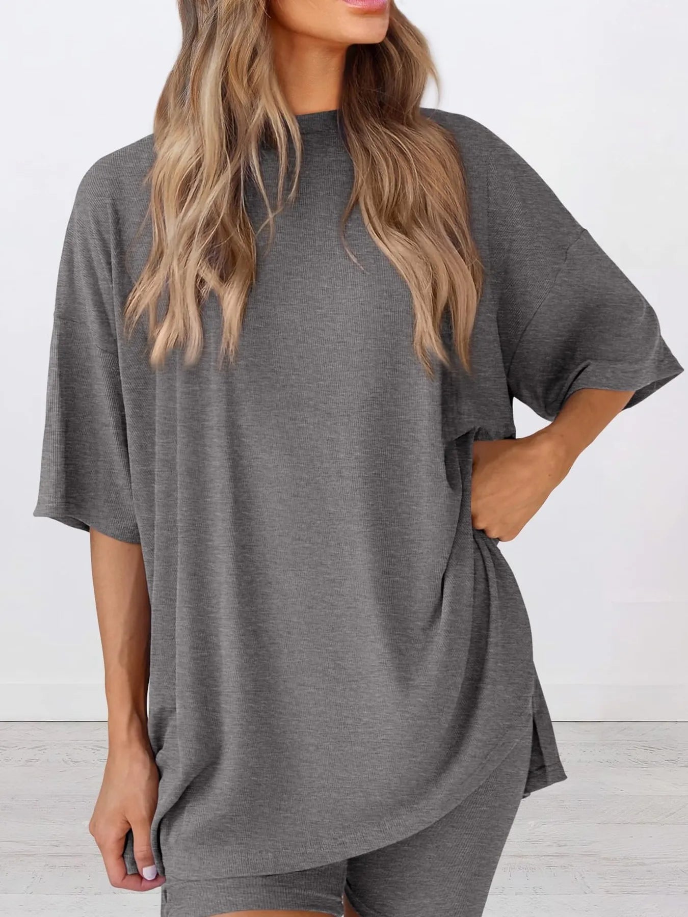 Full Size Oversized Slit Round Neck Top and Shorts Lounge Set Plus Size - Premium Sleepwear from Trendsi - Just $28.99! Shop now at Handbags Specialist Headquarter