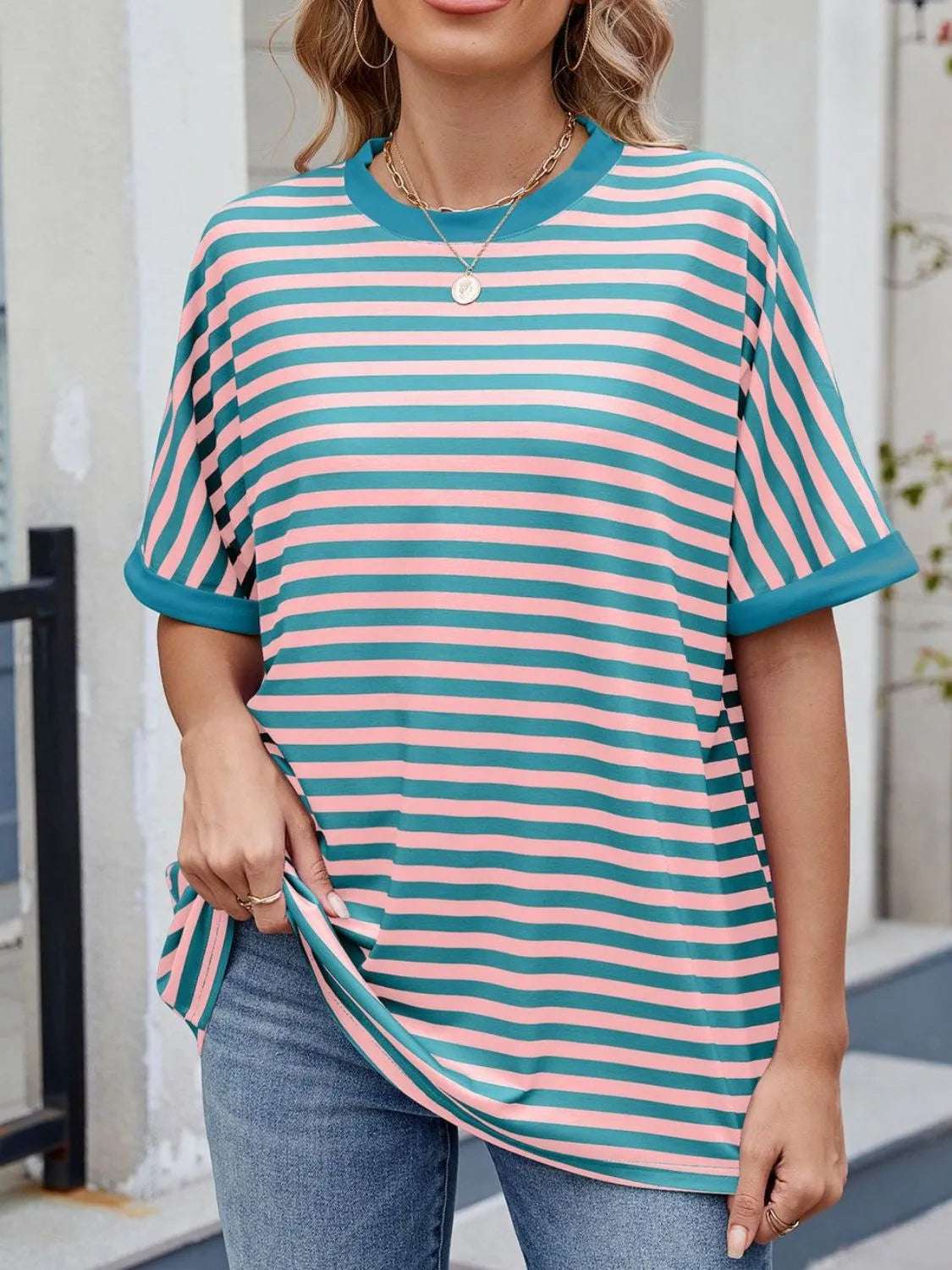 Striped Round Neck Half Sleeve T-Shirt - Premium Women / Tops from Trendsi - Just $19.34! Shop now at Handbags Specialist Headquarter