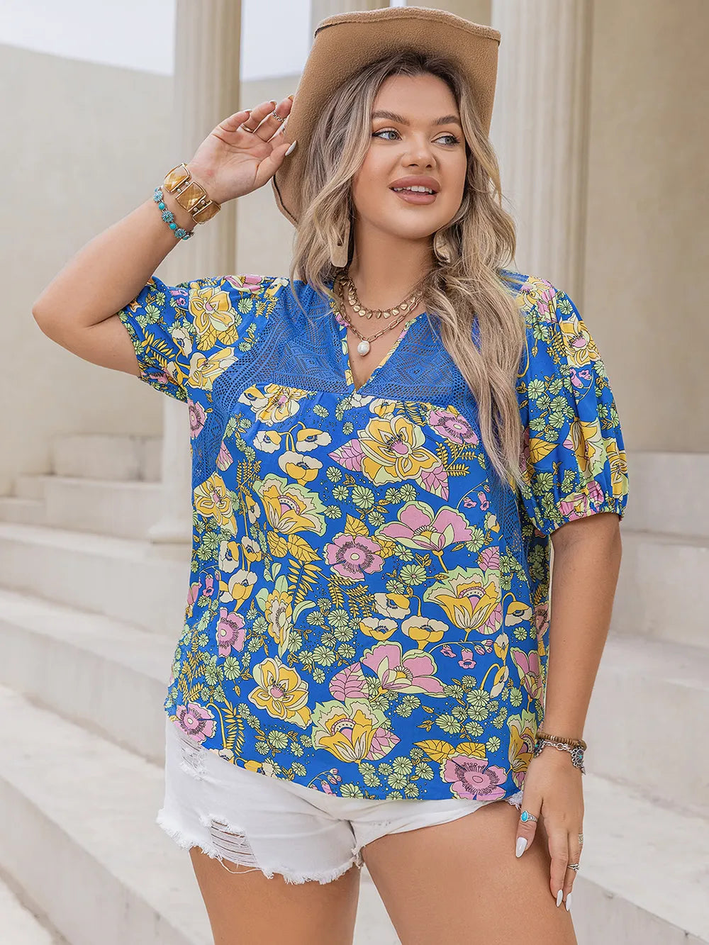 Plus Size Printed Notched Short Sleeve Blouse - Premium Plus Size Shirts from Trendsi - Just $23.26! Shop now at Handbags Specialist Headquarter