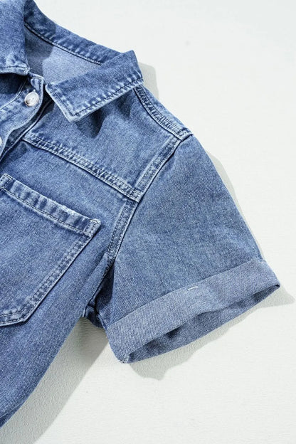 Chest Pocket Front Buttoned Folded Edge Denim Short Sleeve Romper - Premium Women / Jeans & Denim from Trendsi - Just $62.04! Shop now at Handbags Specialist Headquarter