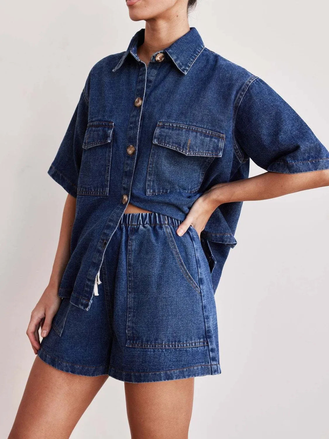 Button Up Short Sleeve Top and Shorts Denim Set - Premium Women / Jeans & Denim from Trendsi - Just $66.70! Shop now at Handbags Specialist Headquarter