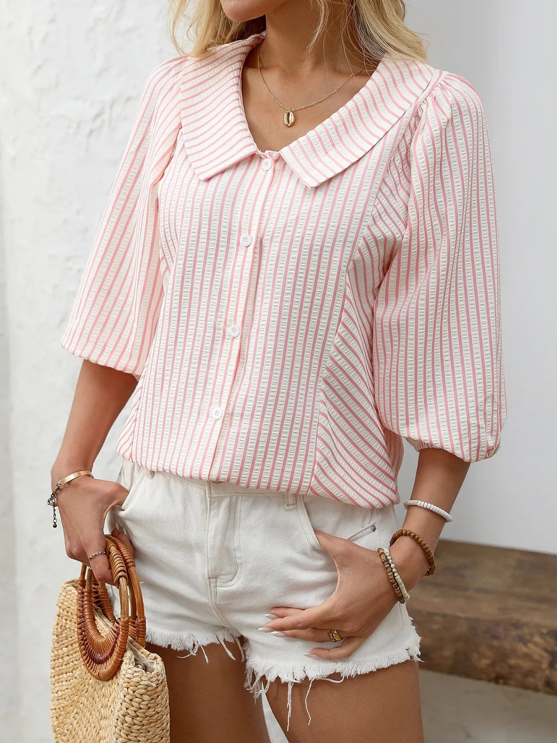 Striped Button Down 3/4 Sleeve Shirt - Premium Women's Down Shirt Tops from Trendsi - Just $27.74! Shop now at Handbags Specialist Headquarter