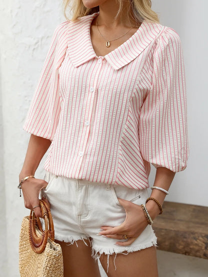 Striped Button Down 3/4 Sleeve Shirt - Premium Women's Down Shirt Tops from Trendsi - Just $27.74! Shop now at Handbags Specialist Headquarter