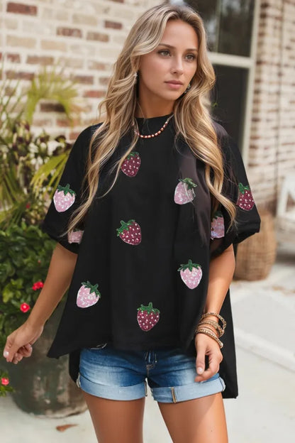 Sequin Strawberry High Low Half Sleeve Relaxed Fit T-Shirt - Premium Tops from Trendsi - Just $36.36! Shop now at Handbags Specialist Headquarter