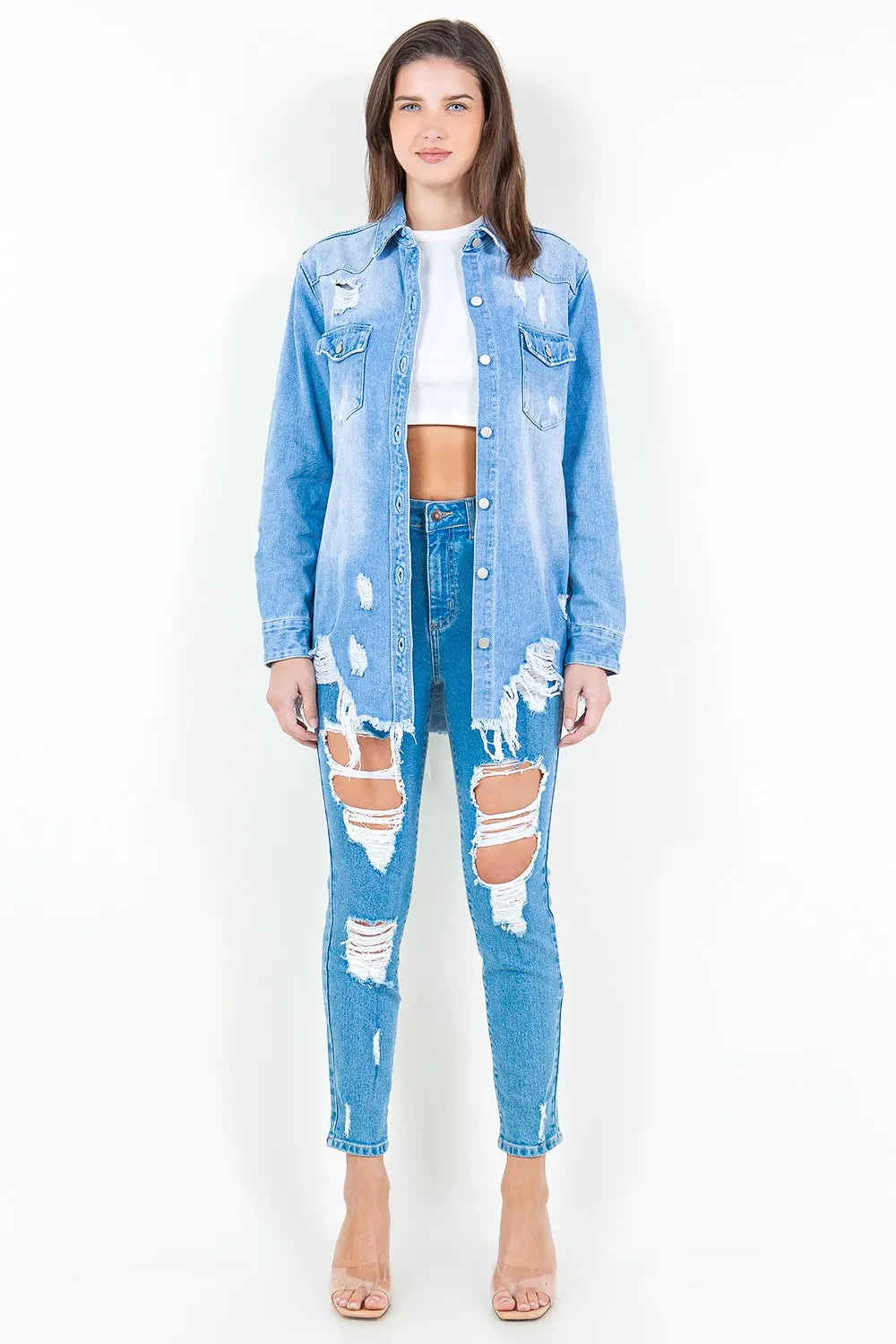 American Bazi Frayed Hem Distressed Denim Shirt Jacket - Premium Women / Jeans & Denim from Trendsi - Just $56.24! Shop now at Handbags Specialist Headquarter