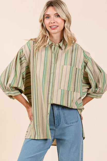 Mittoshop Striped Bubble Sleeve Button Down Shirt - Premium Women's Down Shirt Tops from Trendsi - Just $43.10! Shop now at Handbags Specialist Headquarter