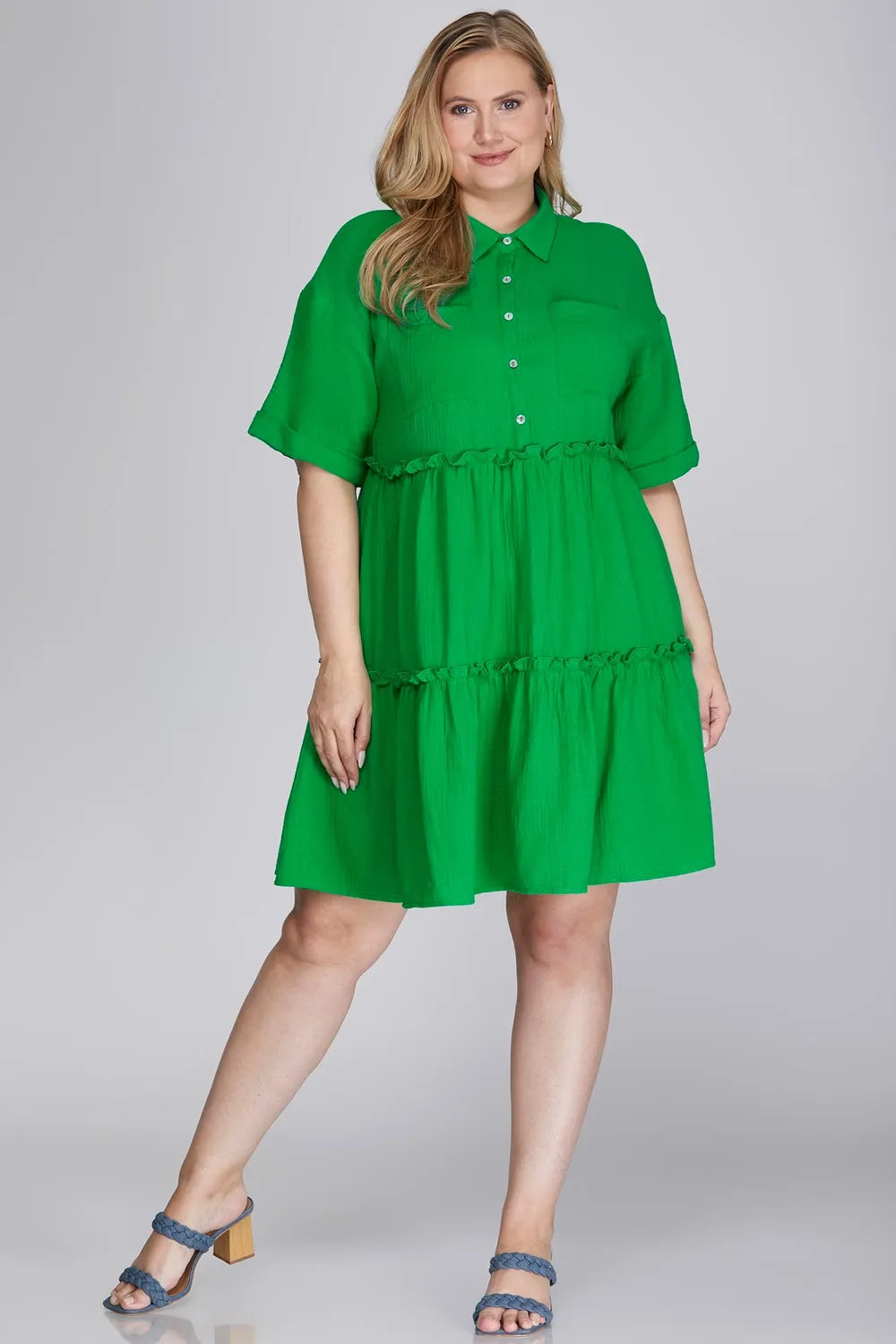 She + Sky Full Size Button Front Frill Tiered Mini Dress Plus Size - Premium Dresses from Trendsi - Just $51.99! Shop now at Handbags Specialist Headquarter