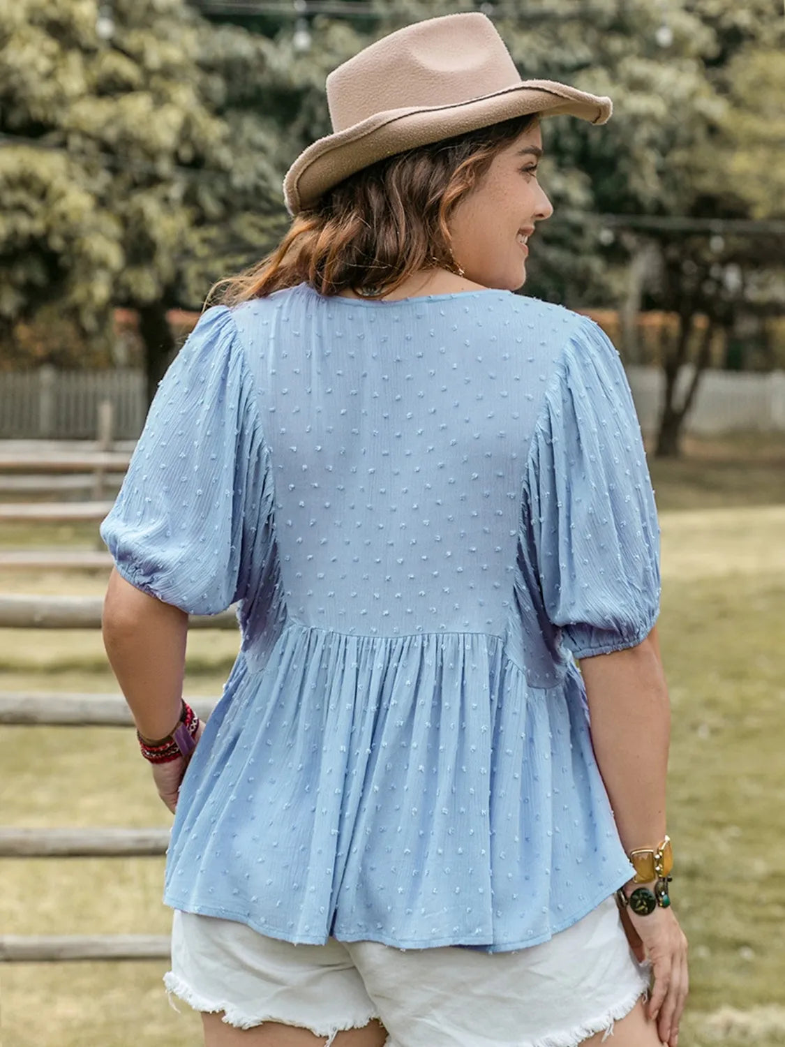 Plus Size Swiss Dot Tie Neck Short Sleeve Blouse - Premium Plus Size Shirts from Trendsi - Just $29.98! Shop now at Handbags Specialist Headquarter