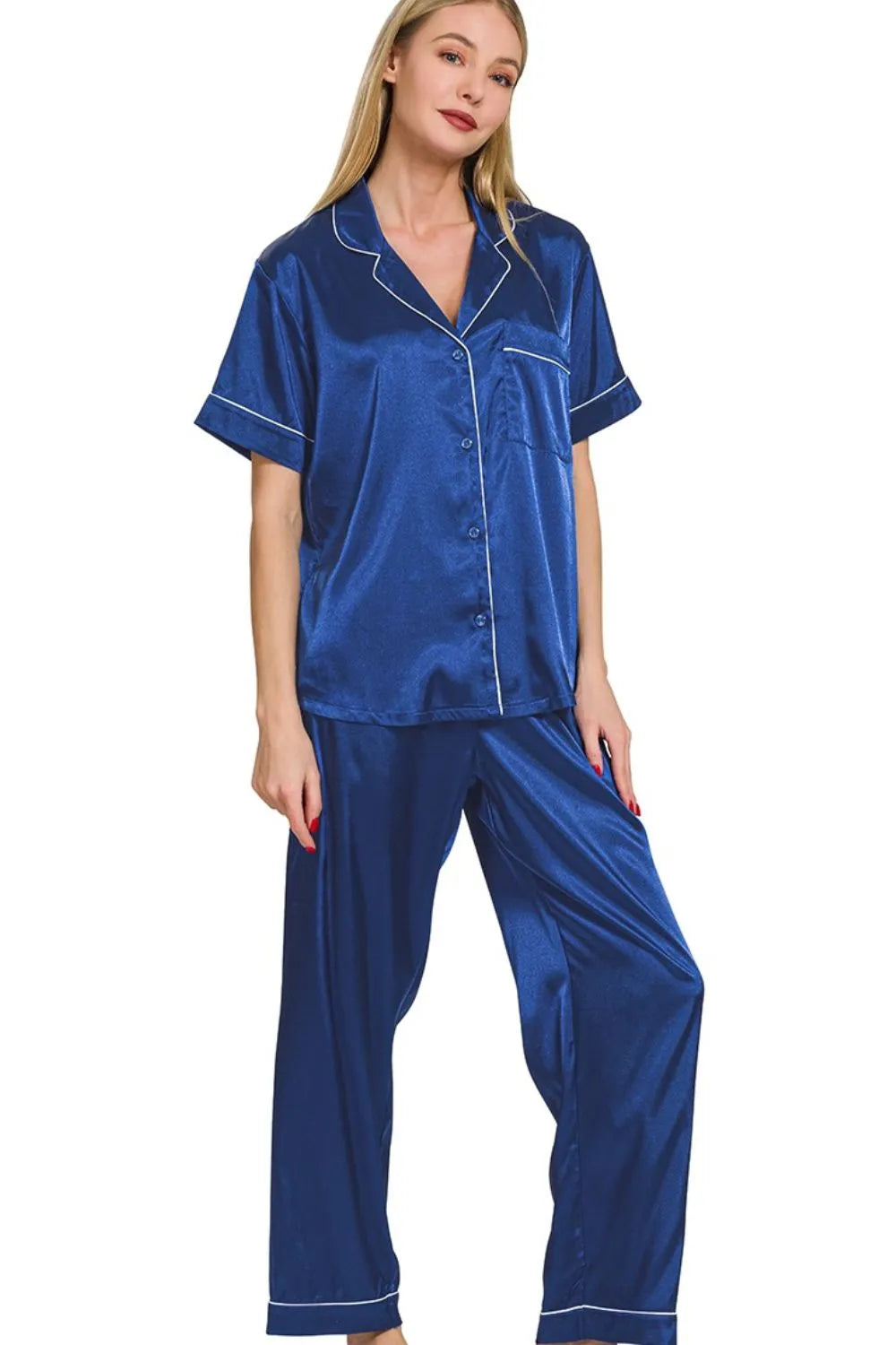 Zenana Satin Short Sleeve Top and Pants Pajama Set - Premium Sleepwear from Trendsi - Just $44.99! Shop now at Handbags Specialist Headquarter