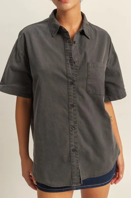 HYFVE Short Sleeve Button Down Oversized Shirt - Premium Women's Down Shirt Tops from Trendsi - Just $34.34! Shop now at Handbags Specialist Headquarter
