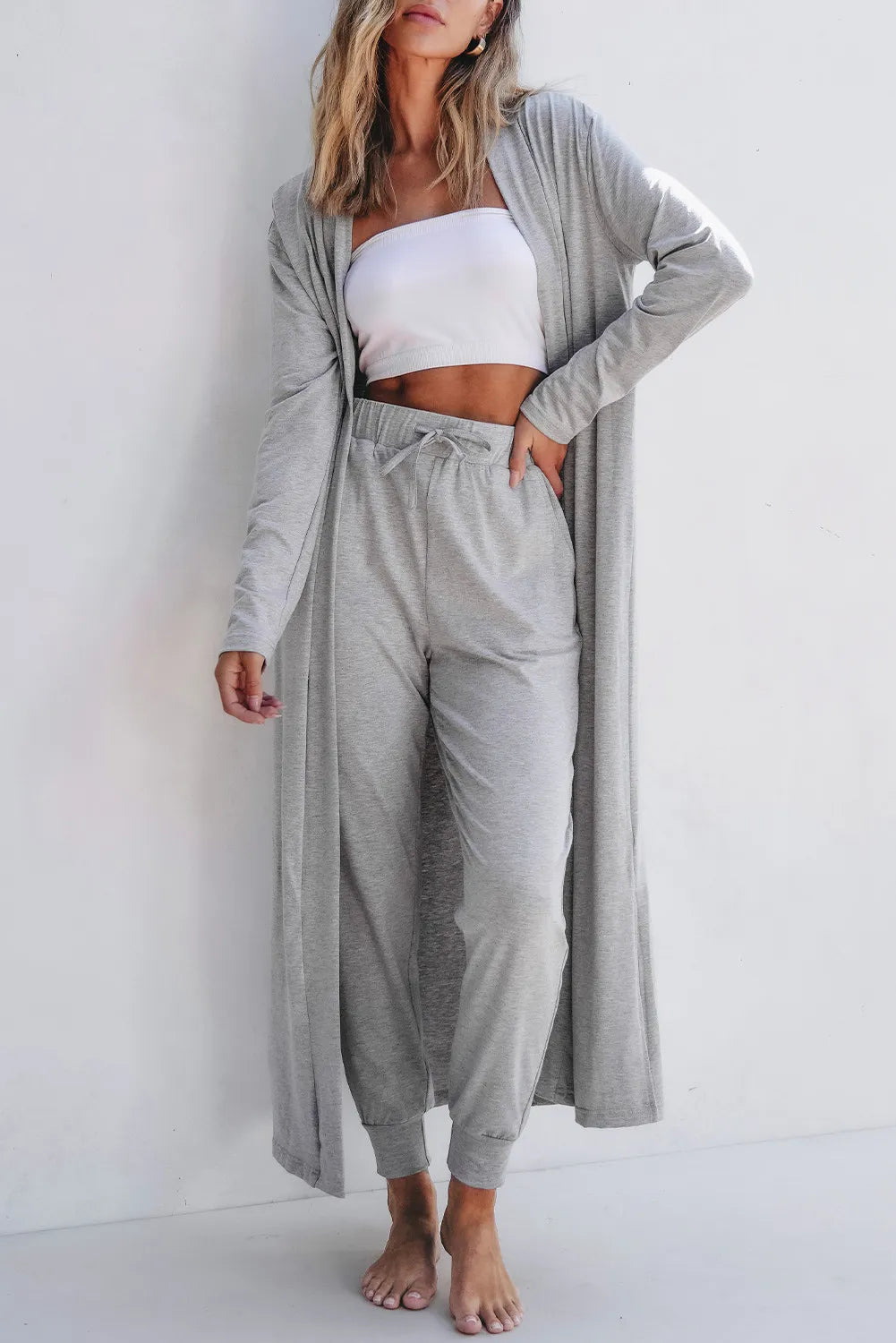 Open Front Long Sleeve Cardigan and Pants Lounge Set - Premium Sleepwear from Trendsi - Just $48.52! Shop now at Handbags Specialist Headquarter