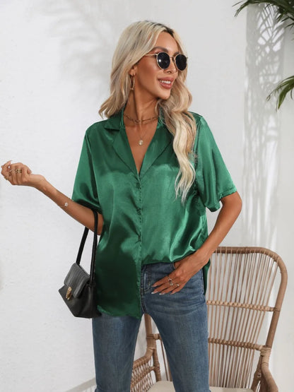 Button Down Short Sleeve Shirt - Premium Women's Down Shirt Tops from Trendsi - Just $19.48! Shop now at Handbags Specialist Headquarter
