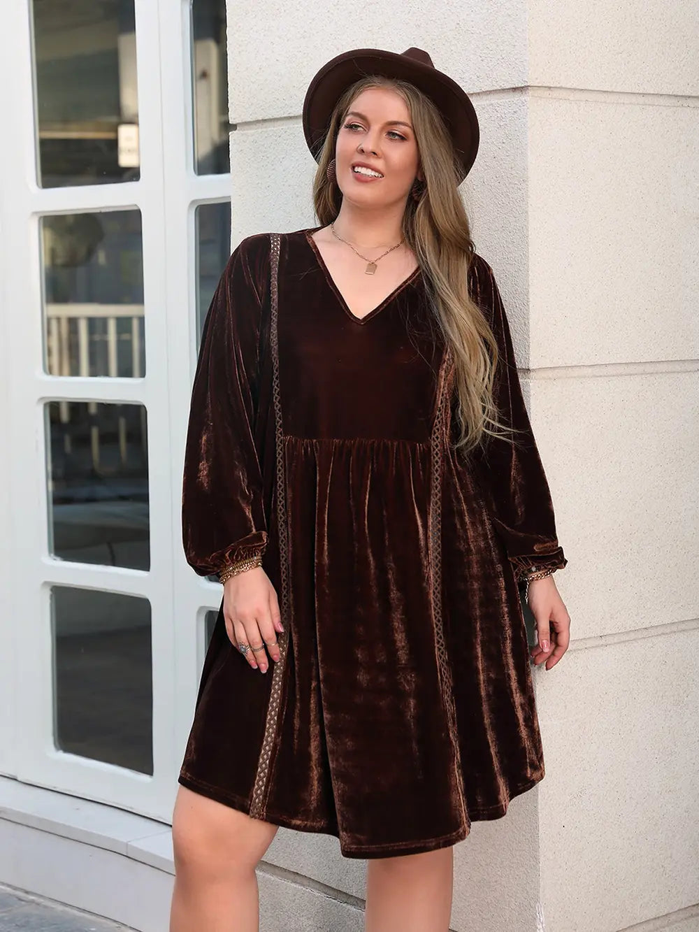 Plus Size V-Neck Balloon Sleeves Dress - Premium Dresses from Trendsi - Just $48.99! Shop now at Handbags Specialist Headquarter