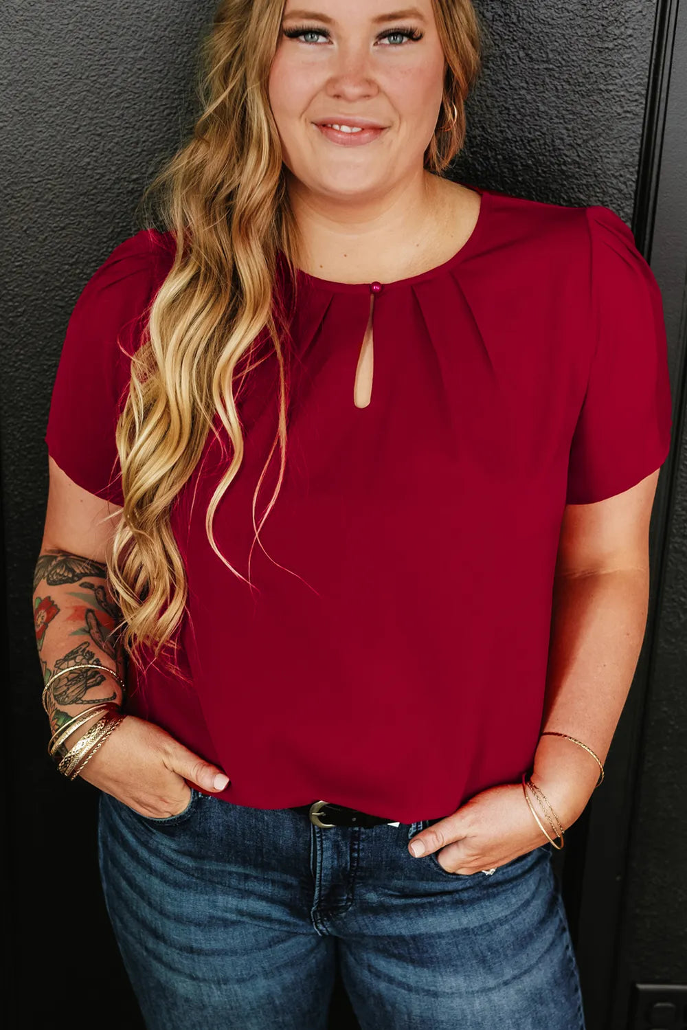 Plus Size Round Neck Short Sleeve Blouse - Premium Plus Size Shirts from Trendsi - Just $21! Shop now at Handbags Specialist Headquarter