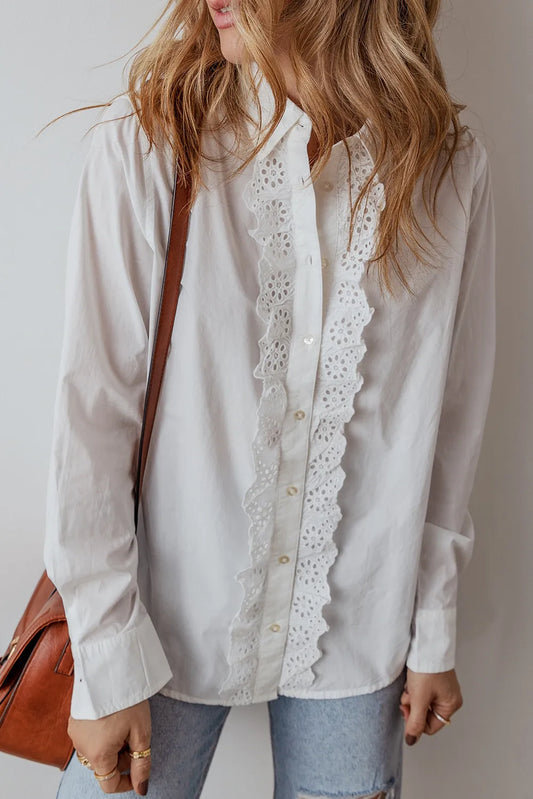 Eyelet Button Down Long Sleeve Shirt - Premium Women's Down Shirt Tops from Trendsi - Just $45.84! Shop now at Handbags Specialist Headquarter