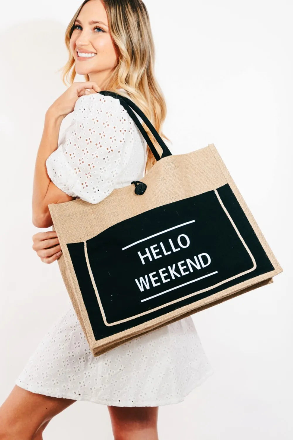 Fame Hello Weekend Burlap Tote Bag - Premium Tote Bag from Trendsi - Just $39.99! Shop now at Handbags Specialist Headquarter