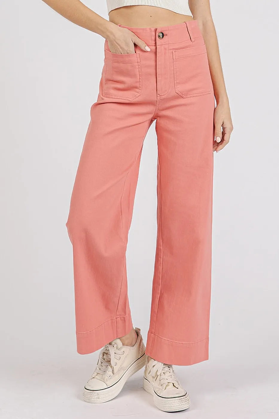 Mittoshop Twill Patch Pocket High Rise Wide Leg Pants - Premium Women Pants from Trendsi - Just $55.99! Shop now at Handbags Specialist Headquarter