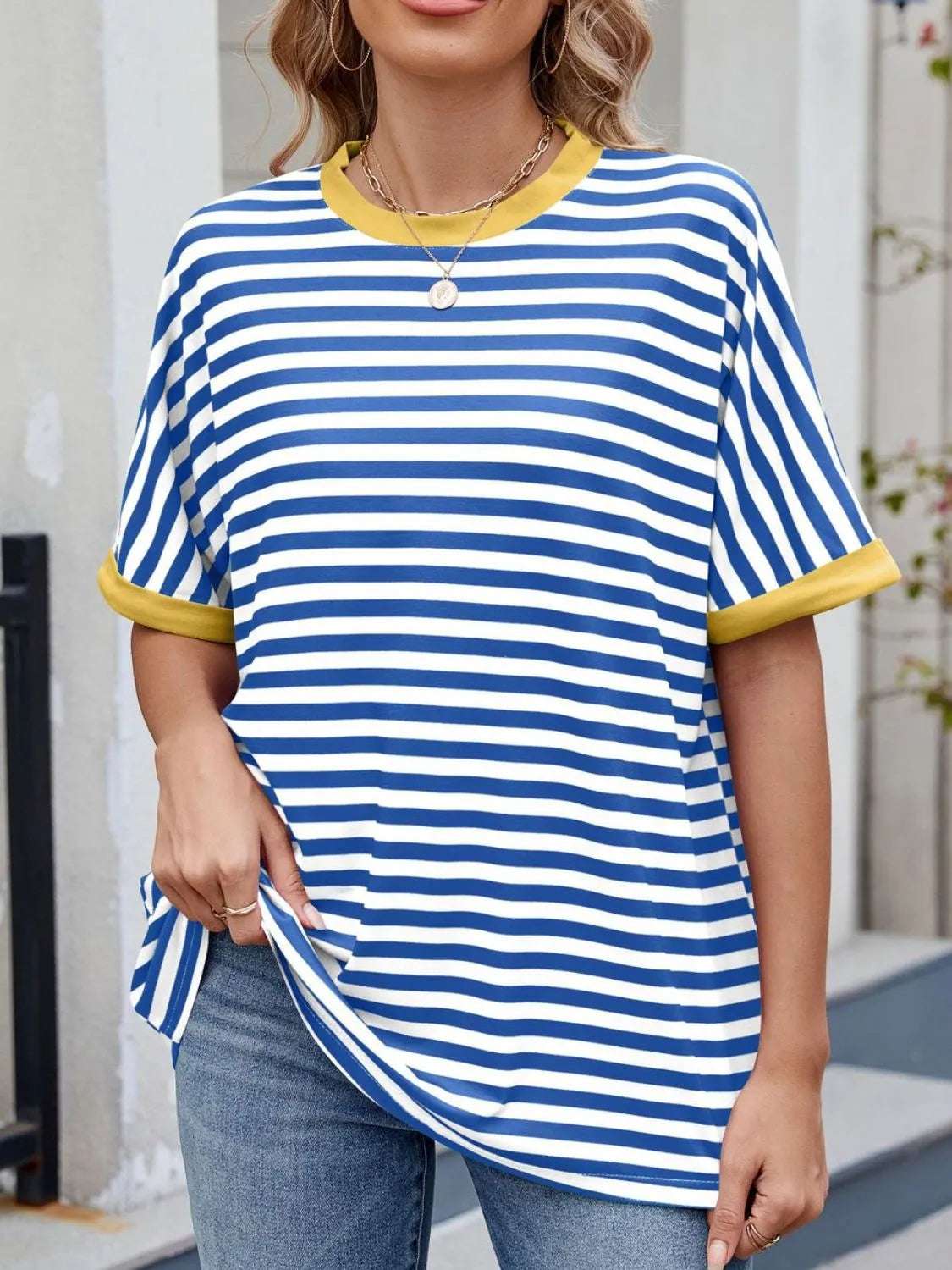 Striped Round Neck Half Sleeve T-Shirt - Premium Women / Tops from Trendsi - Just $19.34! Shop now at Handbags Specialist Headquarter