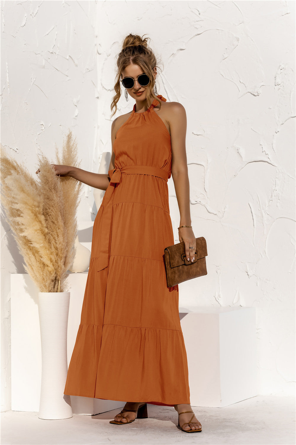 Halter Neck Tie Waist Tiered Maxi Dress - Premium Maxi Dress from Trendsi - Just $35.99! Shop now at Handbags Specialist Headquarter